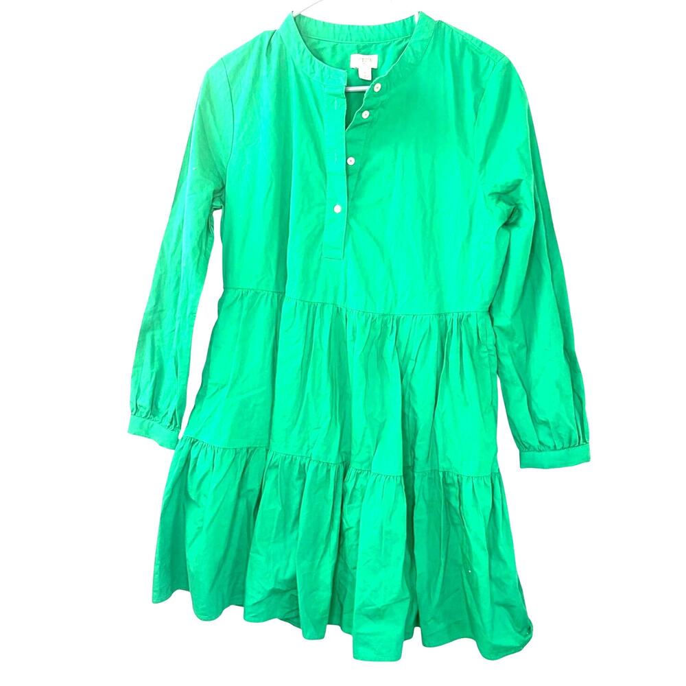 J. Crew Tiered Cottagecore Dress Green Small Long Sleeves 1/4 Button Up Preppy